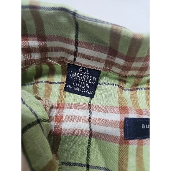 Vtg Burberry Men's Short Sleeve Linen Button Up Green Beige Check USA Made Sz XL - Picture 9 of 13